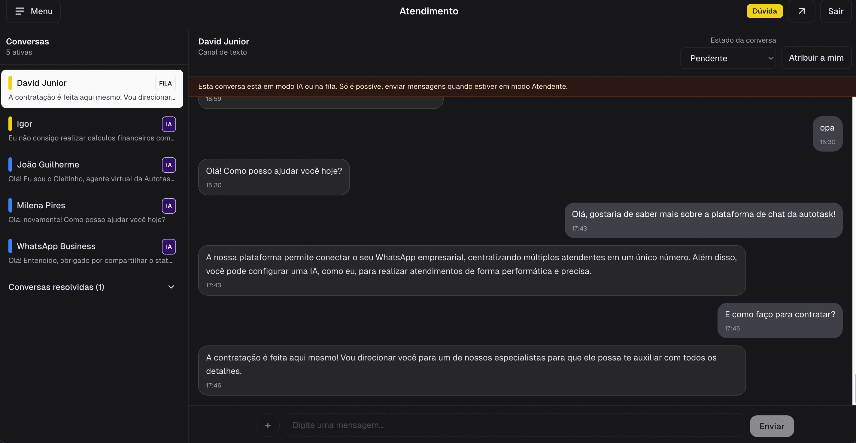 Tela de atendimento com conversa e suporte da inteligência artificial.