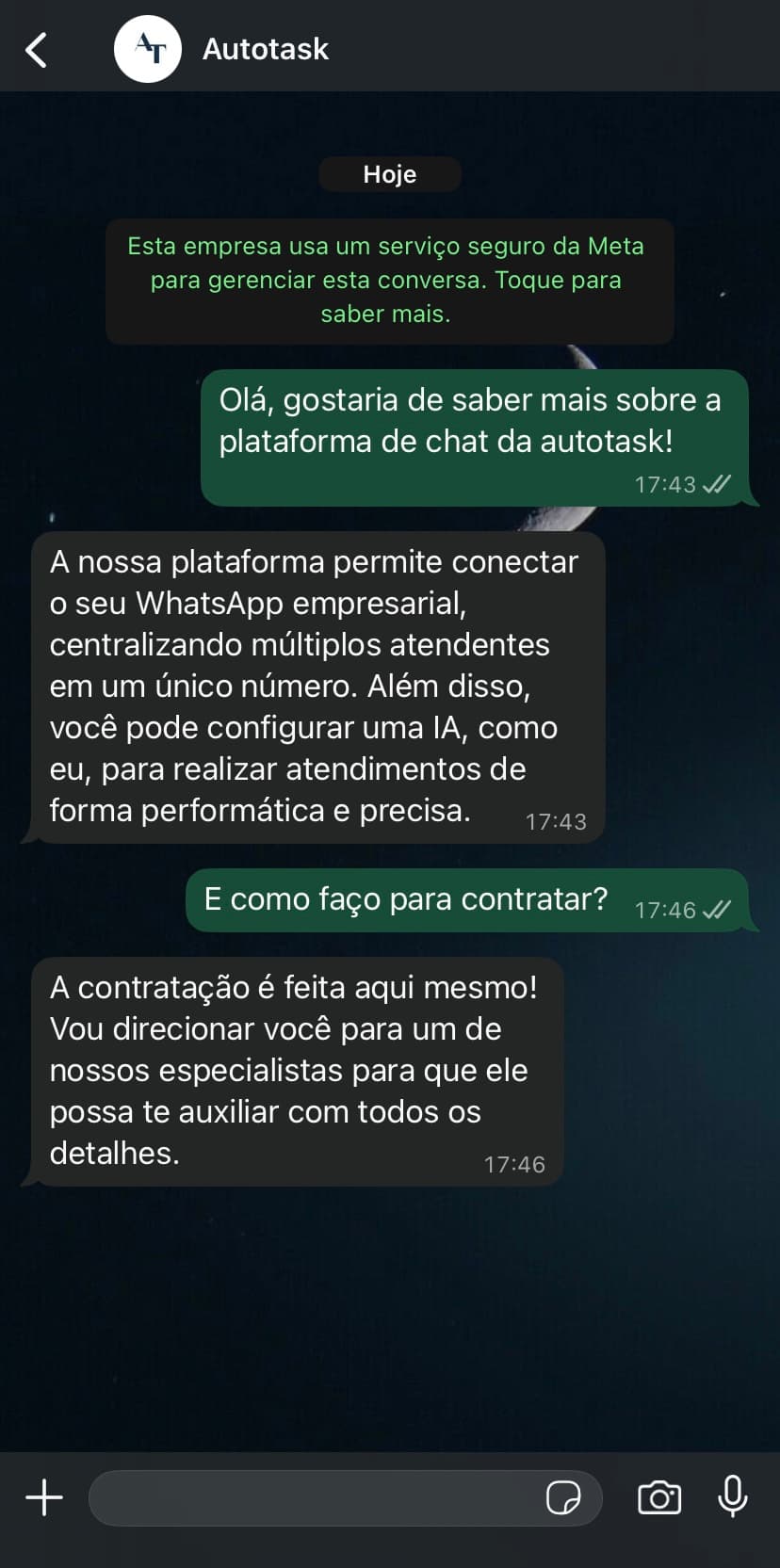 Conversa real no WhatsApp com atendimento e respostas da inteligência artificial.