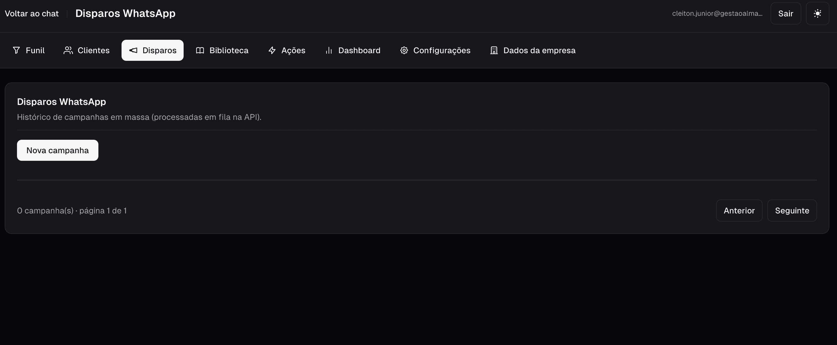 Campanhas e disparos de mensagens em massa com controle de envio.