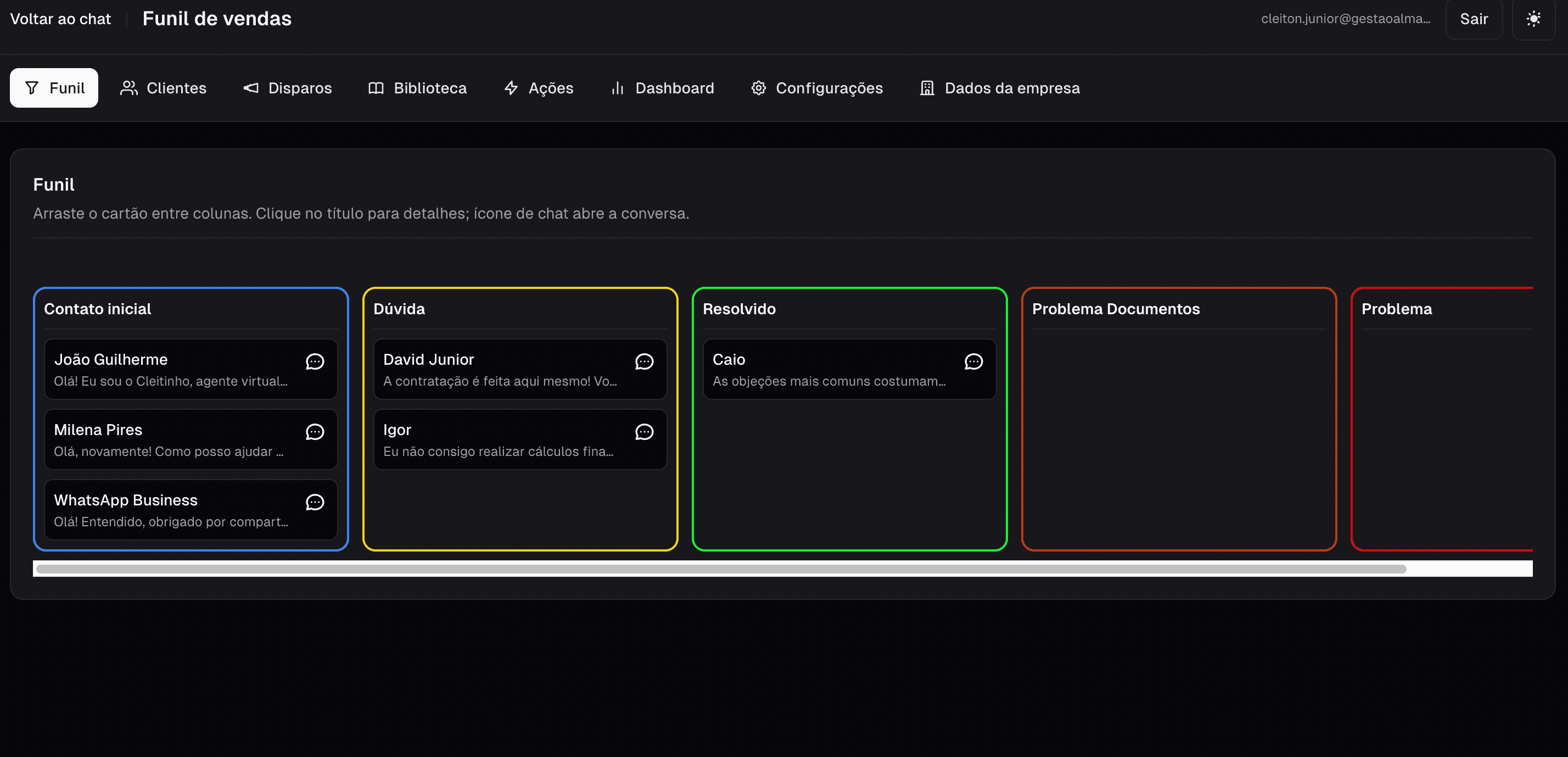 CRM de conversas — funil com categorias e etapas personalizáveis.
